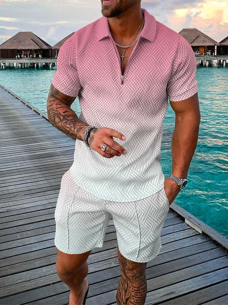 

Мужская летняя спортивная одежда с круглым вырезом, рубашка-поло на молнии и шорты, Джерси для бега,