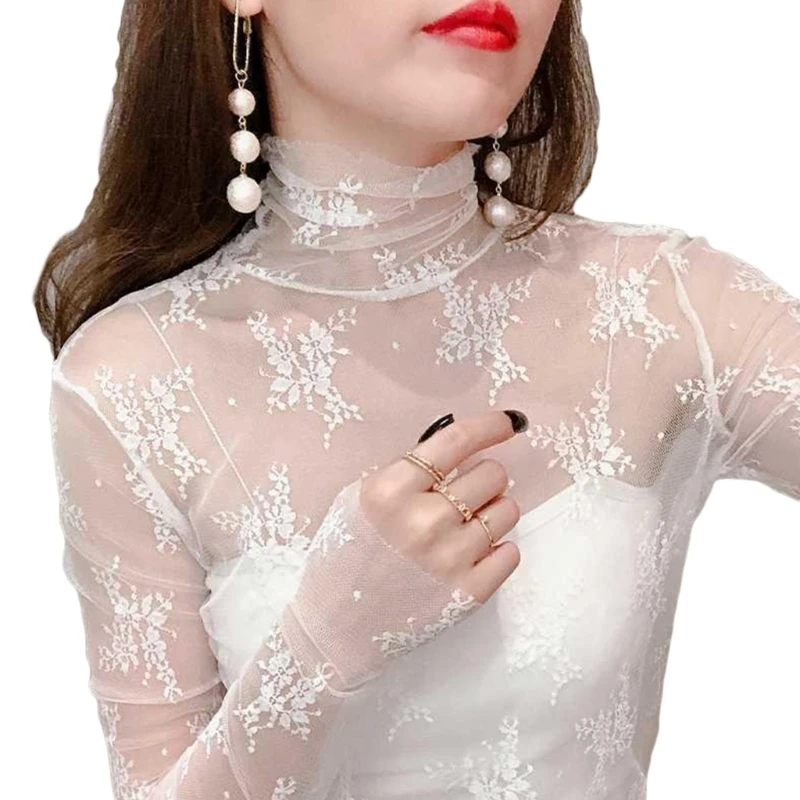 

Женский сетчатый топ с длинным рукавом и ложным воротником