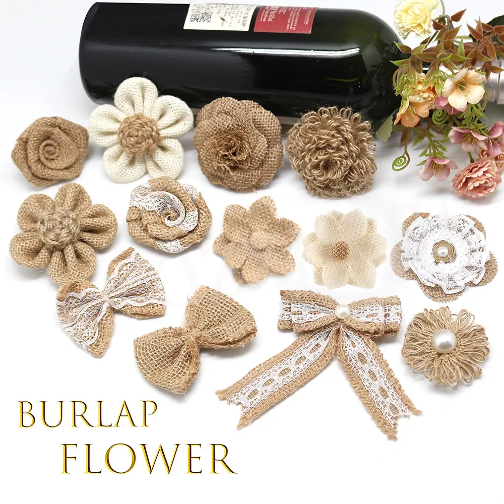 

Of 10 5.5cm Vintage Rustic Rose Flower Burlap Hessian Jute Wedding Decoration Natural color AA8050
