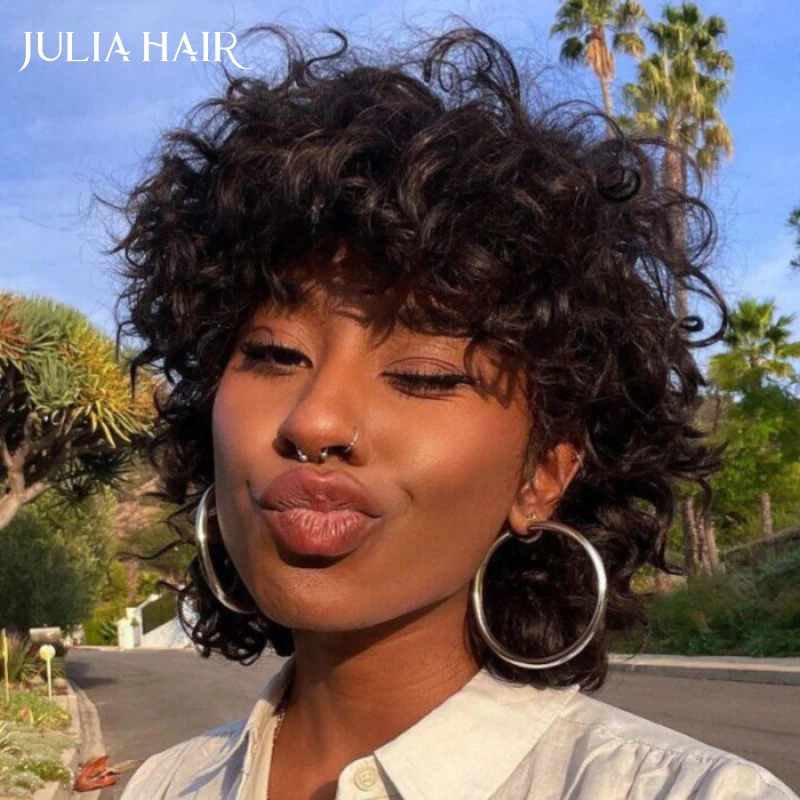 Julia Hair Highlight Blonde GluelessWolf Cut Human Hair Wig With Bangs Breathable Open Wig Cap Brown Super Wavy Machine Made Wig