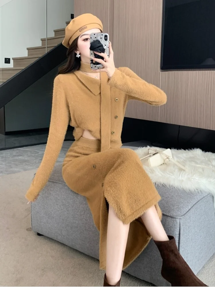 Вязаный комплект из двух предметов норкового меха женский новый осенне-зимний