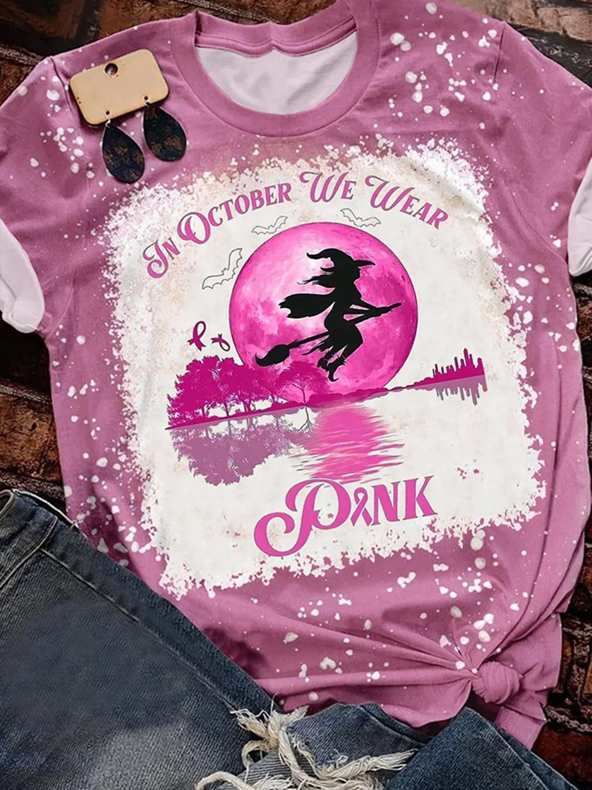 

2023 In October We Wear Pink Breast Cancer Awareness Witch Leisure Short Sleeve O-Neck T-Shirt Tee Funny Femininity Clothing
