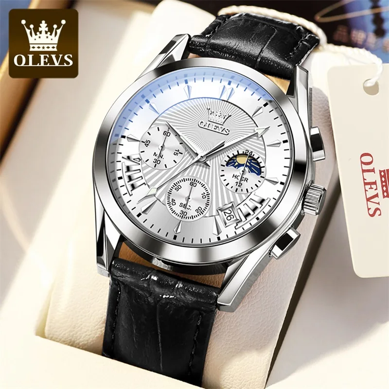 

OLEVS Original Men's Watches Sport Chronograph Quartz Male Watch Waterproof Leather Strap Luminous Wristwatch 24 hour dial