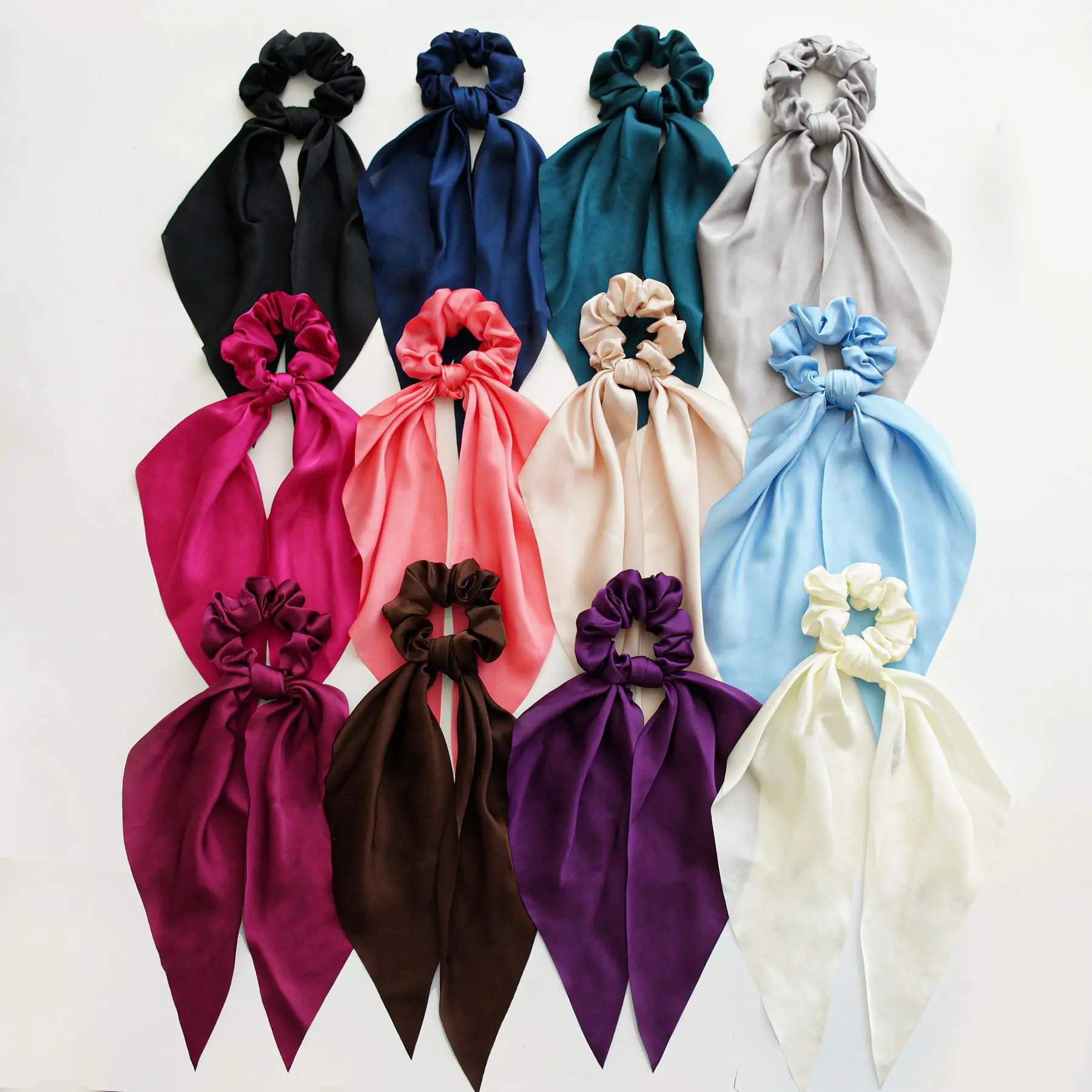 Satin Fabric Ribbon Large Intestine Scrunchies Monochrome Silky Square Scarf Ponytail Hair Ring