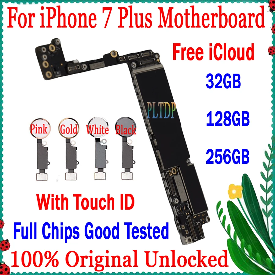 100% Original Motherboard For iphone 7 Plus 5.5inch With/No Touch ID,Full Unlocked Free iCloud&ios system logic board Good Wroki