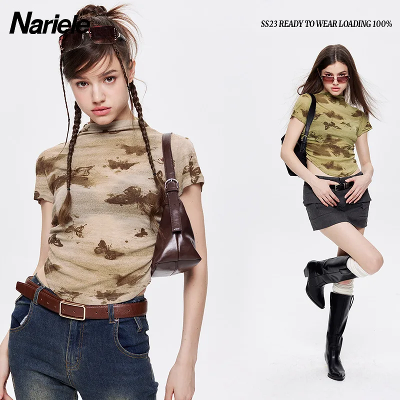 

Y2k Top Tie-Dye Butterfly Printed Half High Neck Short Sleeve Top Women's Fashion Crinkle Design T-Shirt Harajuku Women Clothing