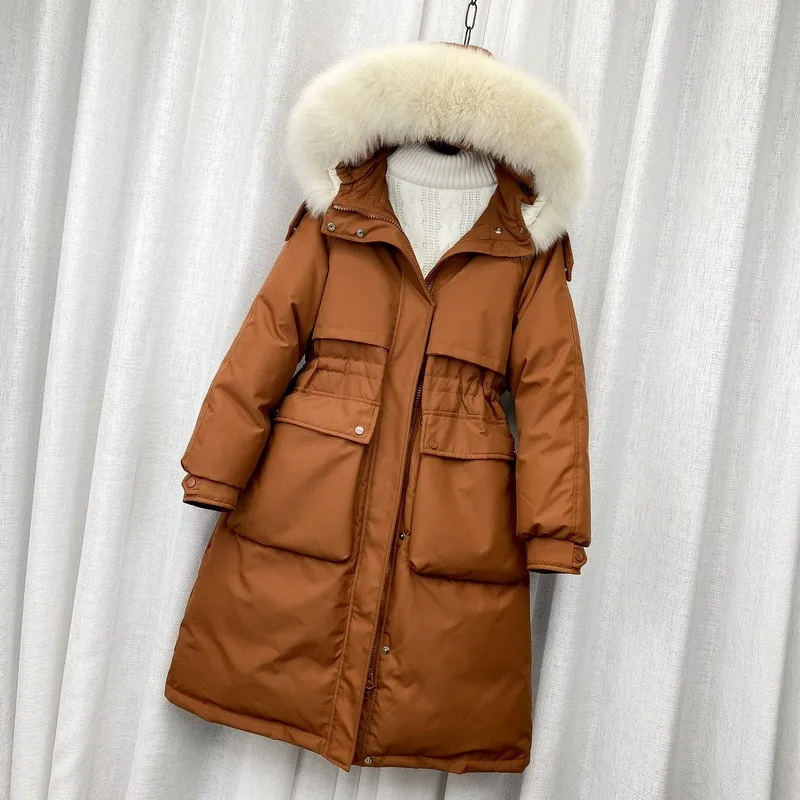 New Women Fox Fur Collar Down Jacket Casual Style Autumn Winter Long Coats And Parkas Female Outwear