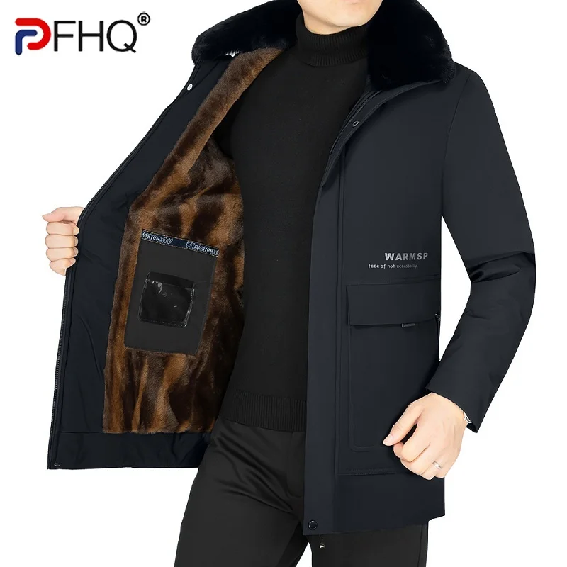 PFHQ 2023 Winter Men's Fur Collar Warm Down Jackets Thick Brushed Liner Heavy Mature Fashion Parkas Elegant Clothes Coat 21Q5676