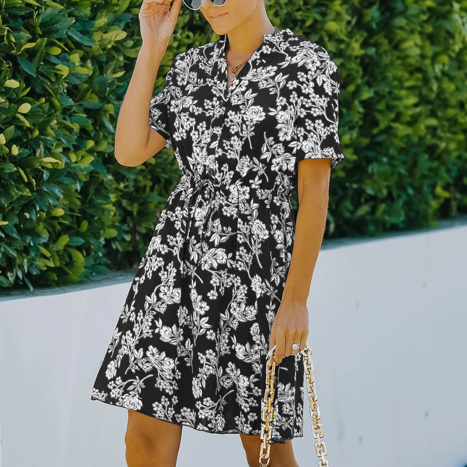

Women Summer Froal Printing Mini Dress Casual V Neck Button Up Tie Dresses Short Sleeve Cut Out Flowy A Line Boho Short Dress