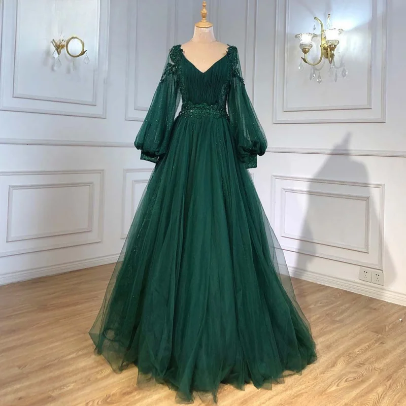 

Green A Line V Neck Long Sleeves Evening Dresses Customized OEM/ODM Beaded Elegant Party Gowns For Women 2023
