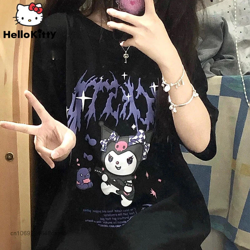 

Sanrio Kuromi Printed Cotton T-shirt Y2k Harajuku Style Halloween Student Tops High Streetwear Couple Gothic Clothes For Women