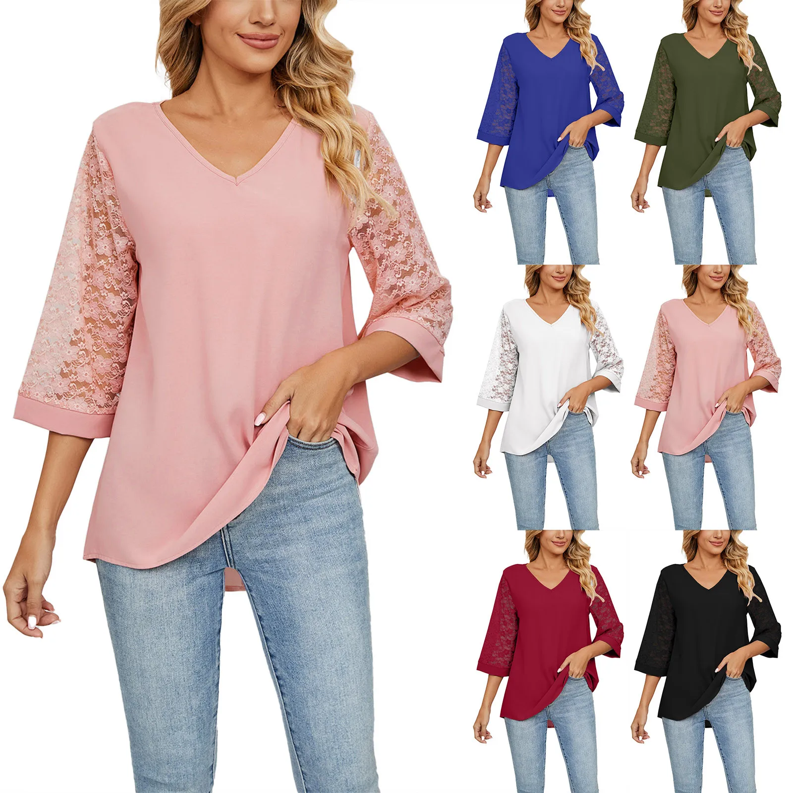 

Summer Womens Lace Short Sleeve Tops Casual V Neck Cutout Blouses Solid Color Casual White shirt European American Style