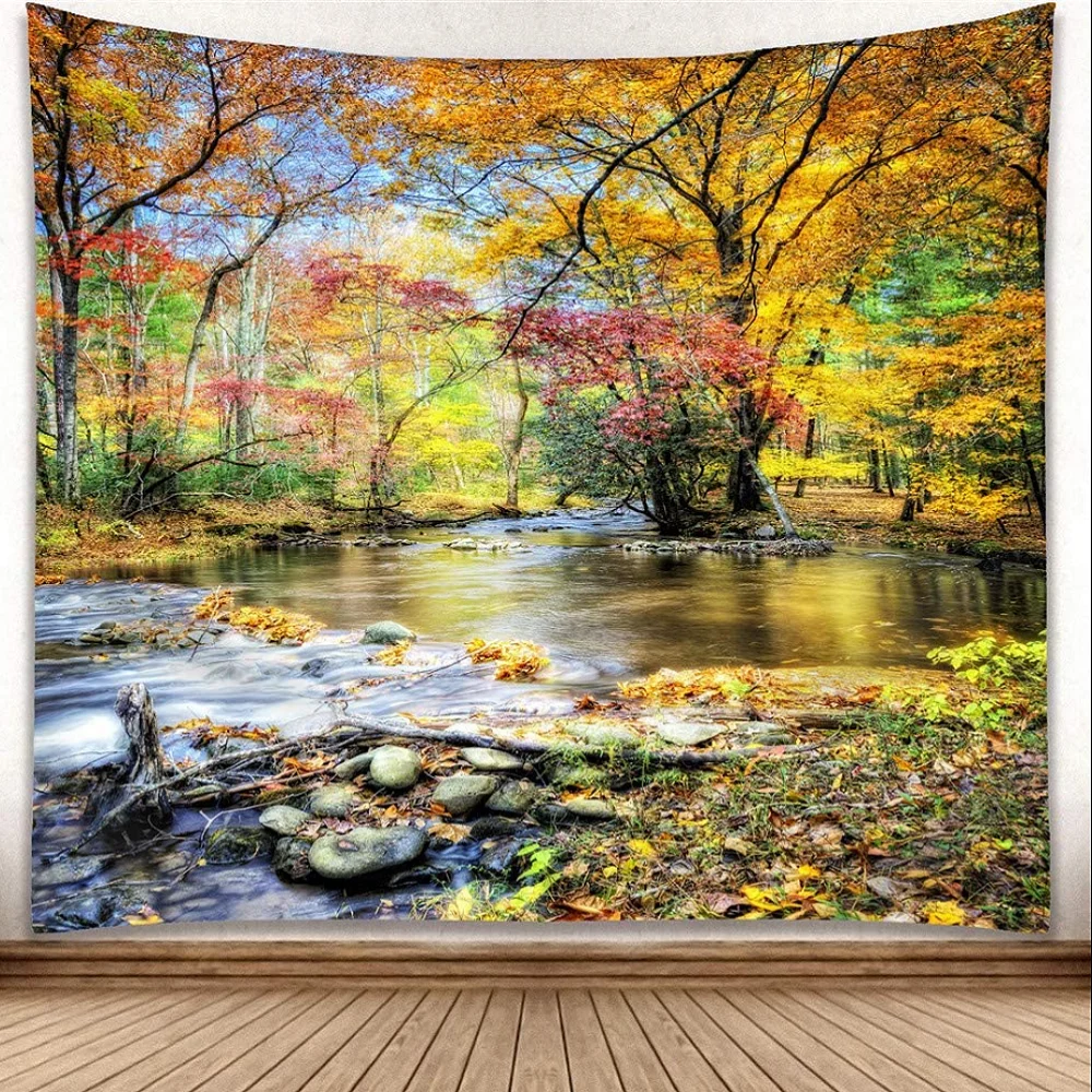 

Fall Forest Waterfall Tapestry Tree Deciduous Stone River Nature Landscape Tapestries Bedroom Living Room Dorm Wall Hanging