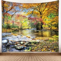 fall forest waterfall tapestry tree deciduous stone river nature landscape tapestries bedroom living room dorm wall hanging