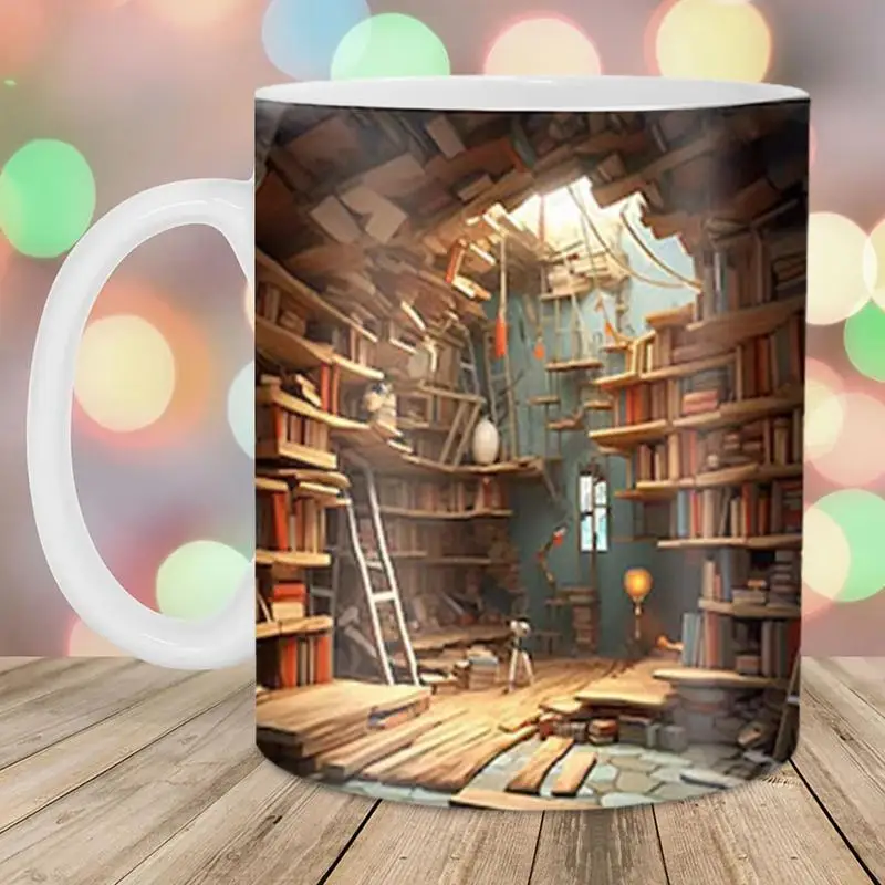 

3D Pattern Tea Cup 3D Visual Ceramic Coffee Mug Creative Book Lovers Gifts With Handle Travel Mug Gift Mug Bookshelf Tea Mug