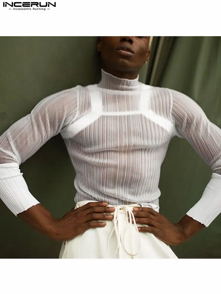 

Мужская футболка в стиле пэчворк, прозрачная Водолазка с длинным рукавом, со складками, 2022, сексуальные тонкие топы, уличная мода, женские фу...