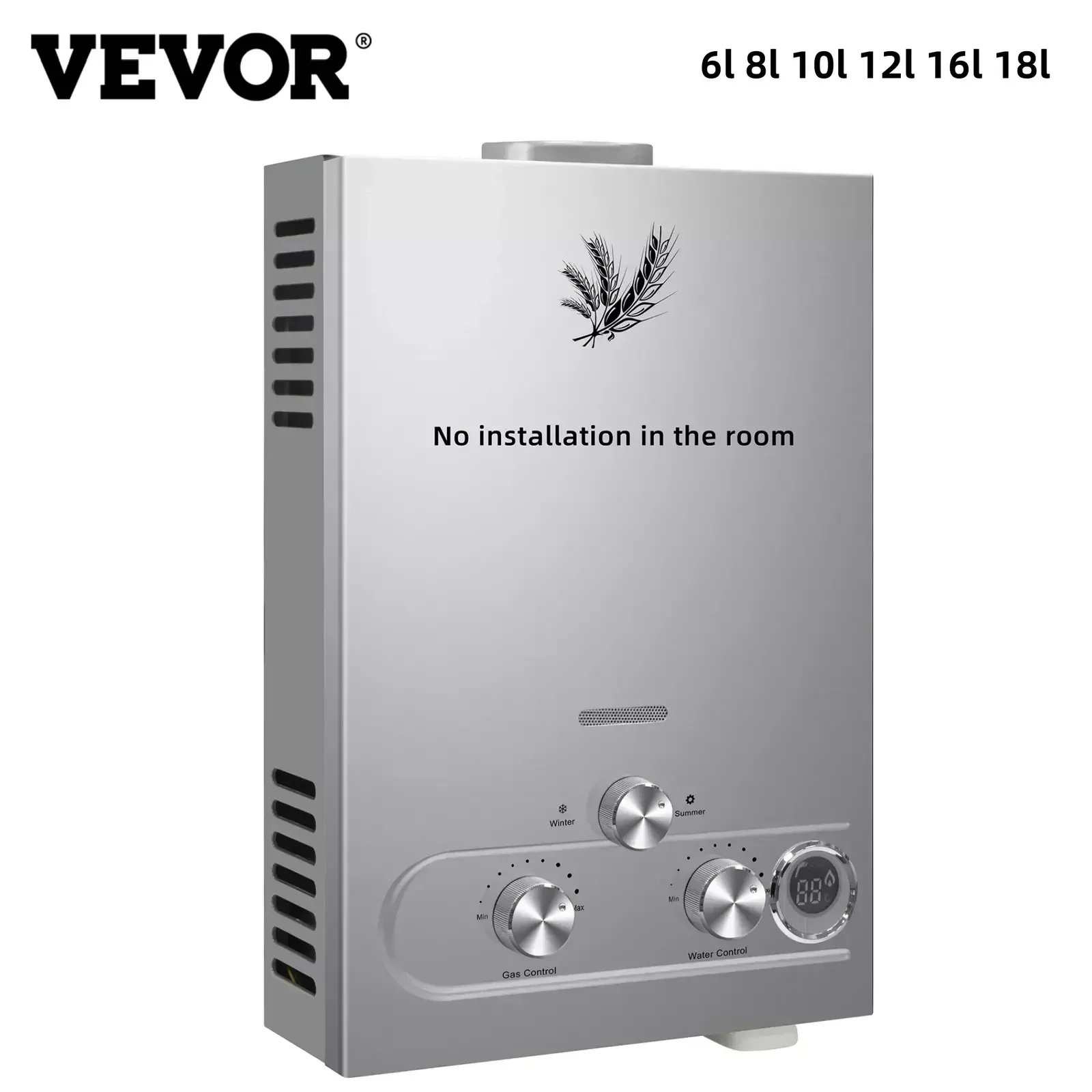 Фото Водонагреватель VEVOR LPG 6L-18L, пропановый водонагреватель, светодиодный дисплей, ручки управления и защита от перегрева для кухни, ванной комнаты №4