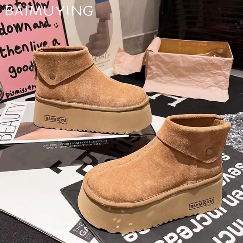 Замшевые женские зимние ботильоны на платформе дизайнерские короткие плюшевые