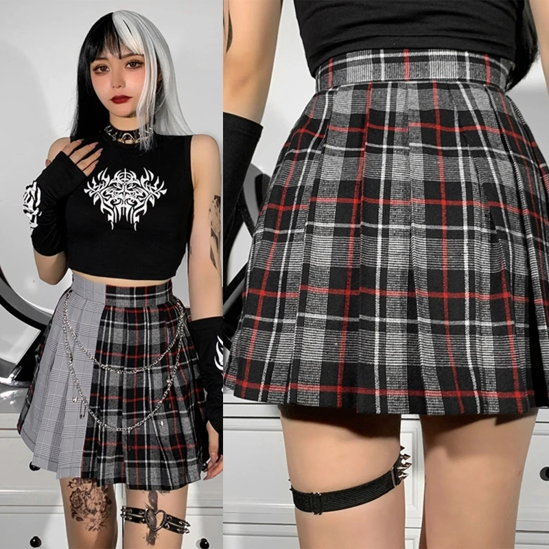 

Women Goth Punk Irregular Colorblock Plaid Mini Pleated Skater Skirt Harajuku Metal Chain High Waist A-Line Streetwear