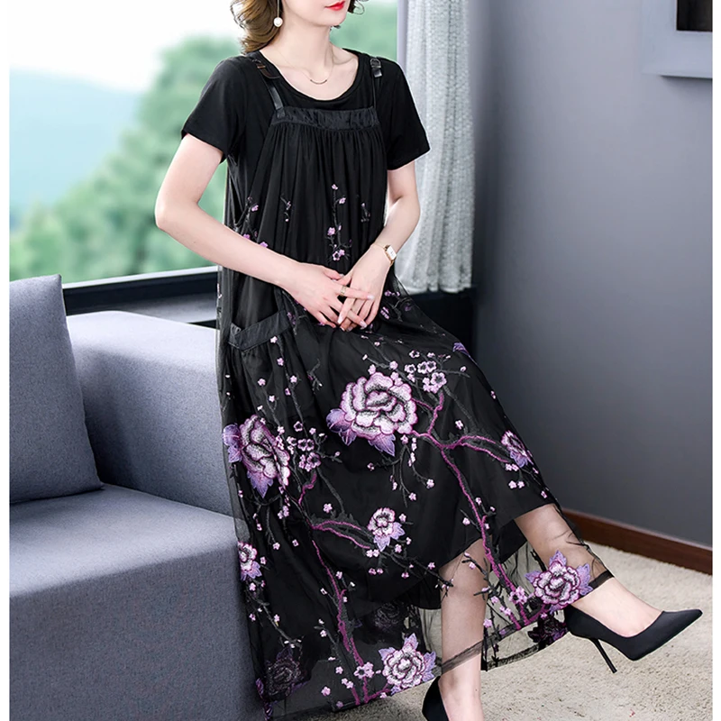 Женское платье макси с цветочной вышивкой черное Сетчатое винтажное в Корейском - Цена: 5856