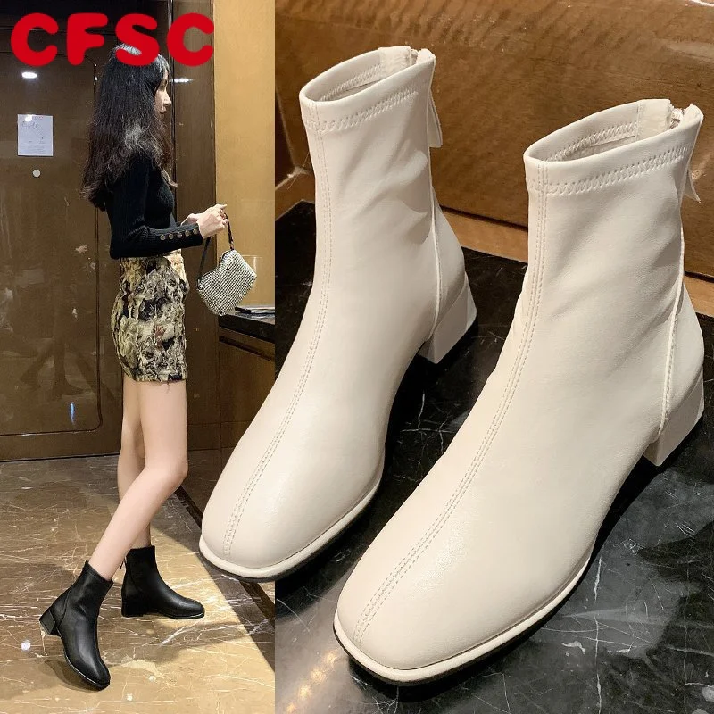

Elastic Socks Boots Fashion Ankle Boots Women High Heel Thicks Heel Square Toe Short Boots Women Retro 2022 New Ladies Shoes