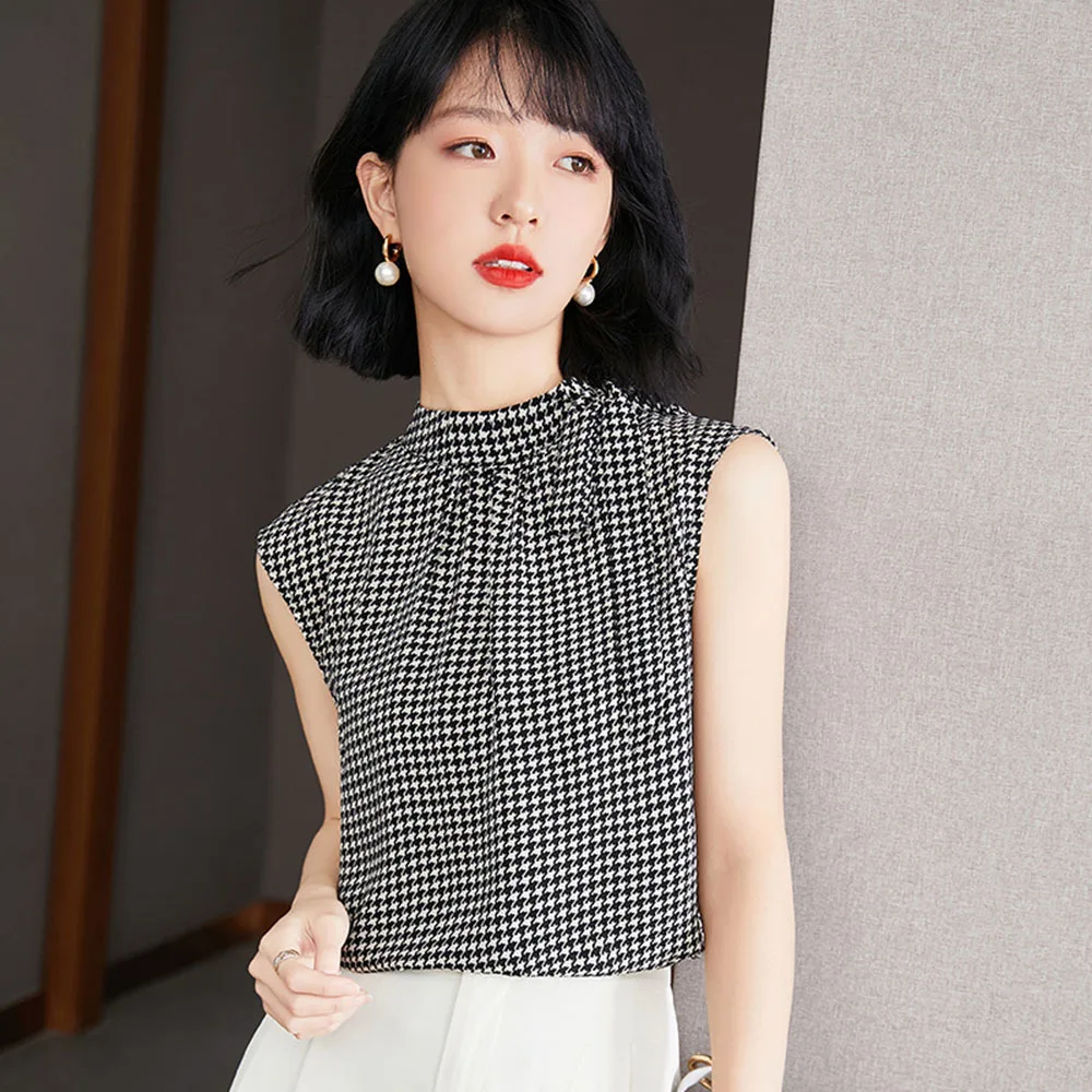 

Elegant V-neck Summer Vintage Blouses Houndstooth Chic Bow Lacing Chiffon Shirt Women Loose Casual Sleeveless Blusas Lady Tops