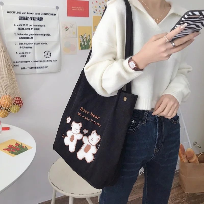 

Women Corduroy Shoulder Bag Lucky Bears Embroidery Striped Canvas Handbag Eco Cloth Tote Cute Soft Shopping Bags For Women