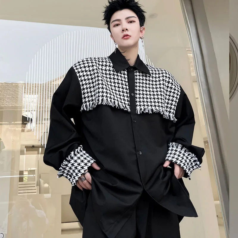 Men's Autumn New Thousand Bird Grid Splicing Design Loose Long Sleeve Shirt Korean Fashion Trend Versatile Casual Shirt