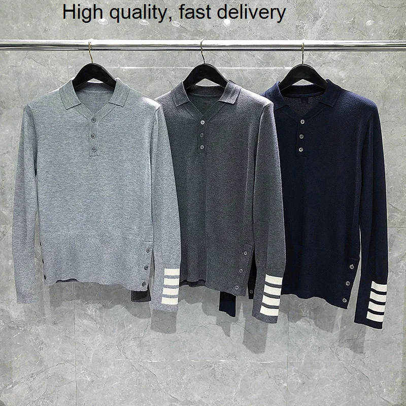 New TB THOM Sweaters Men Slim Fit V Neck Button Henley Pullovers Clothing Classic 4 Striped Wool Solid Autumn Winter Casual Coat