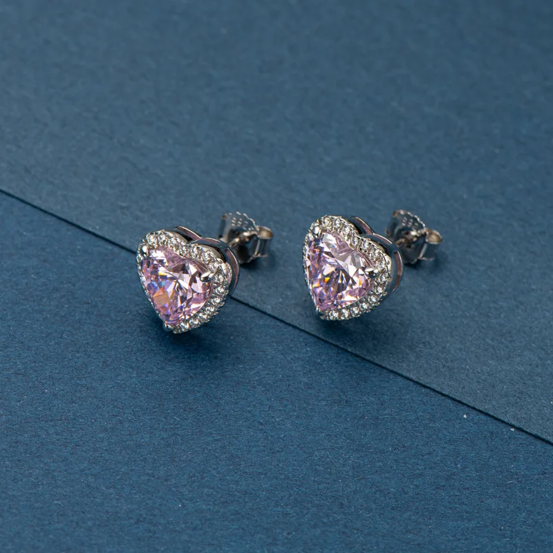 S925 Sterling Color Earrings 8*8 Pink Love Full Of Diamonds Stunning High Carbon Diamond  Earrings Christmas Gift Party