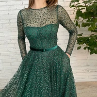 hunter green prom dress a line illusion long sleeves o neck modern prom gown backless draped belt pockets luxury homecoming gown