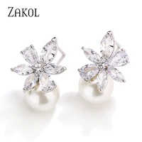 zakol fashion cute exquisite flower stud pearl crystal earings white aaa zircon for women jewelry wedding party gifts