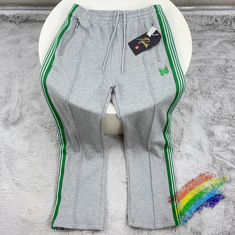 

Gray Webbing Needles Pants Men Women Top Version Green Stripe Needles AWGE Pants High Street Embroidery Butterfly Track Trousers