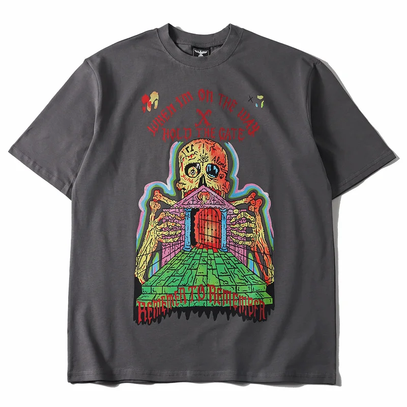

Hip Hop Haunted House Printing Oversized T-Shirt for Men Short Sleeve 100% Cotton Tops Streetwear Summer Male Casual Loose Tees