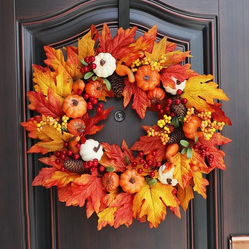 

Autumn Color Wreath Pumpkin Berry Door Hanging Harvest Festival Vine Circle Thanksgiving Simulated Maple Leaf Wreath Decoration