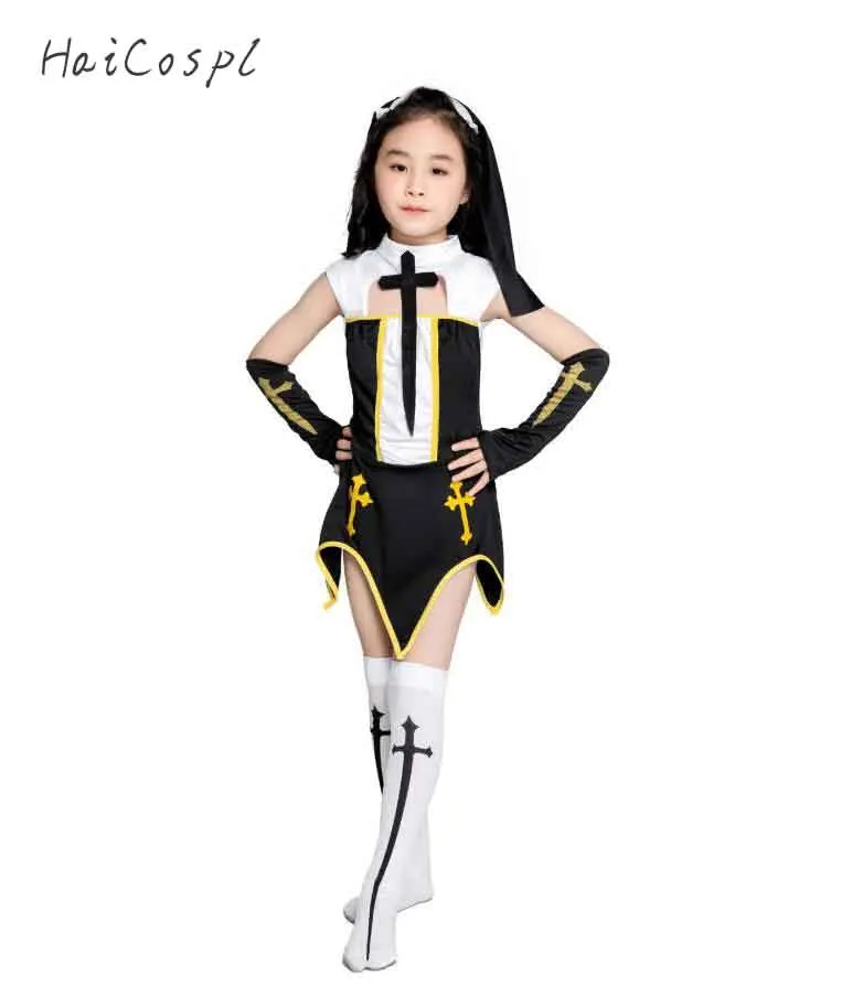 

Easter Kid Nun Costume Halloween Cosplay Fancy Girl Sister Party With Stockings Hoodie