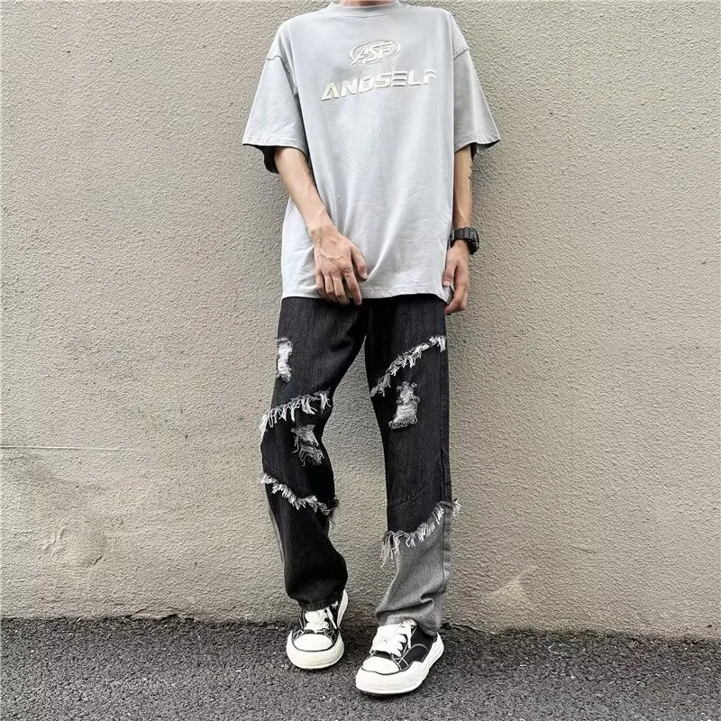 Ripped Black Baggy Jeans Men Fashion Retro Casual Straight Jeans Men Streetwear Hip Hop Loose Hole Denim Pants Mens Trousers
