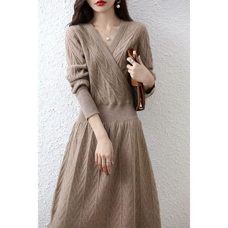 Elegant Fashion Cashmere Sweater Women Dresses 100% Merino Wool V-Neck Long-Sleeve Casual Knitted Dress Winter Long A-Line Skirt