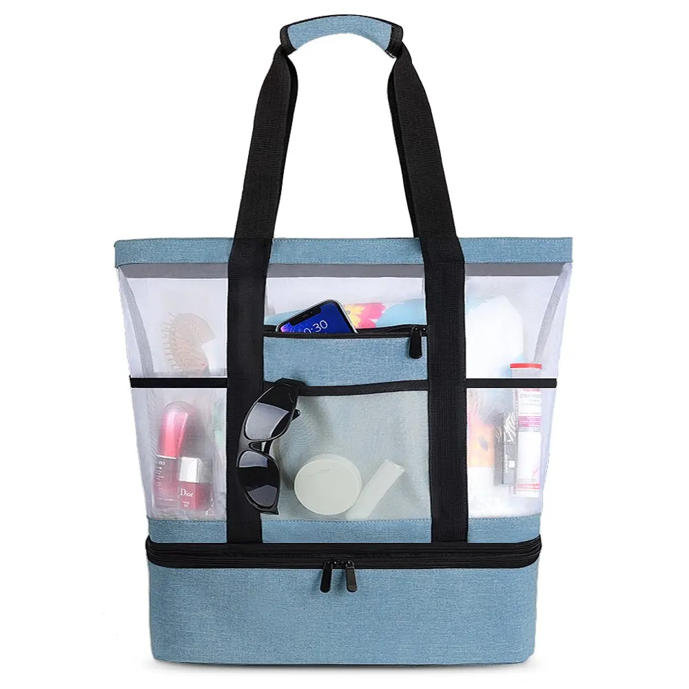 Mesh Beach Bag Tote Bag  Women | Large Foldable Lightweight Grocery Storage Bag with Detachable Cooler Bag and Waterproof Cell P