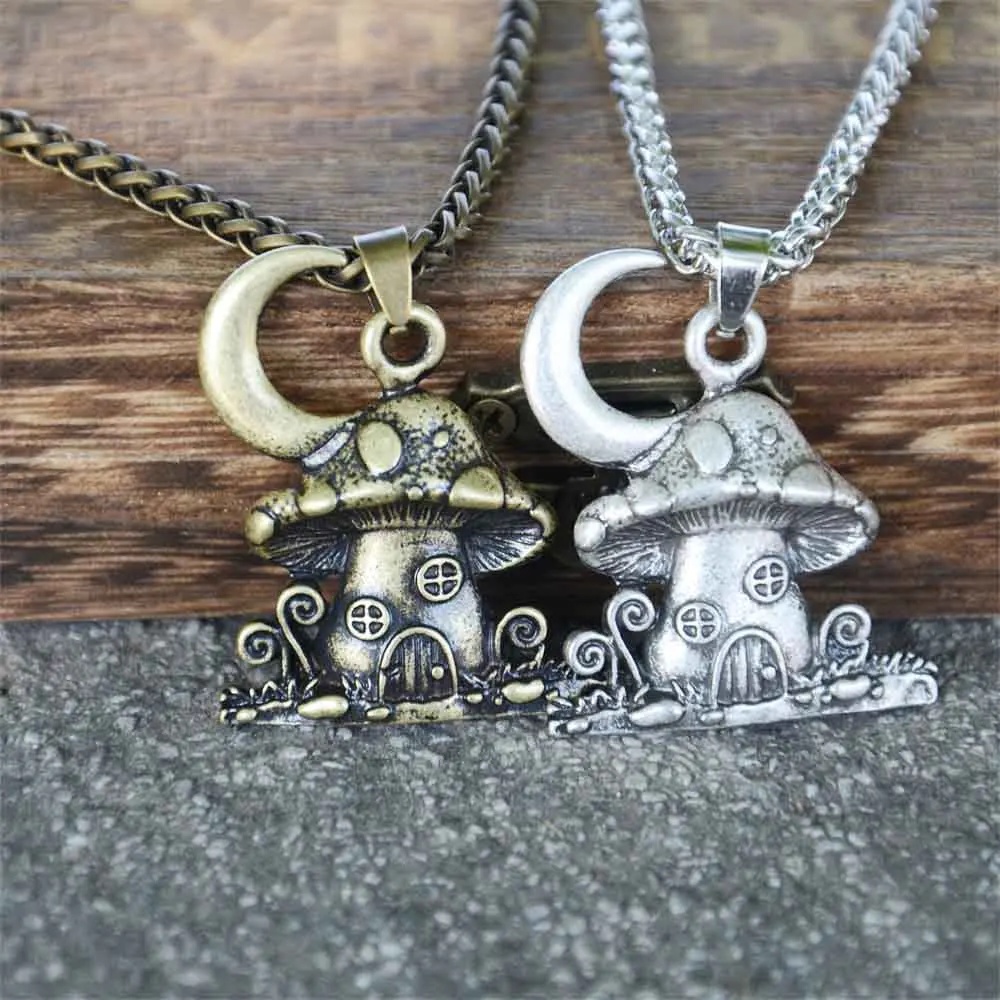 

Moon And Mushroom House Wicca Magic Forest Jewelry Vintage Necklace