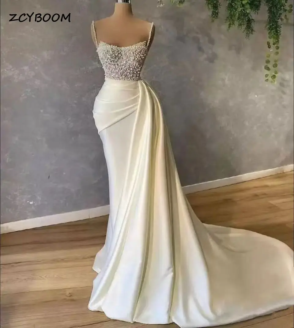

2022 Luxury Beading Bodice Pearls Spaghetti Straps Events Dresses Sleeveless Backless Pleat Trailing Robe Satin De Soiree Longue