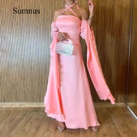 pink elastic satin halter evening dresses strapless floor length dubai evening gowns formal gown for women back zipper