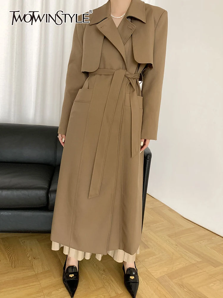 

TWOTWINSTYLE High Street Solid Trench For Women Lapel Collar Long Sleeve Lace Up Temperament Coats Female Autumn Clothing Style