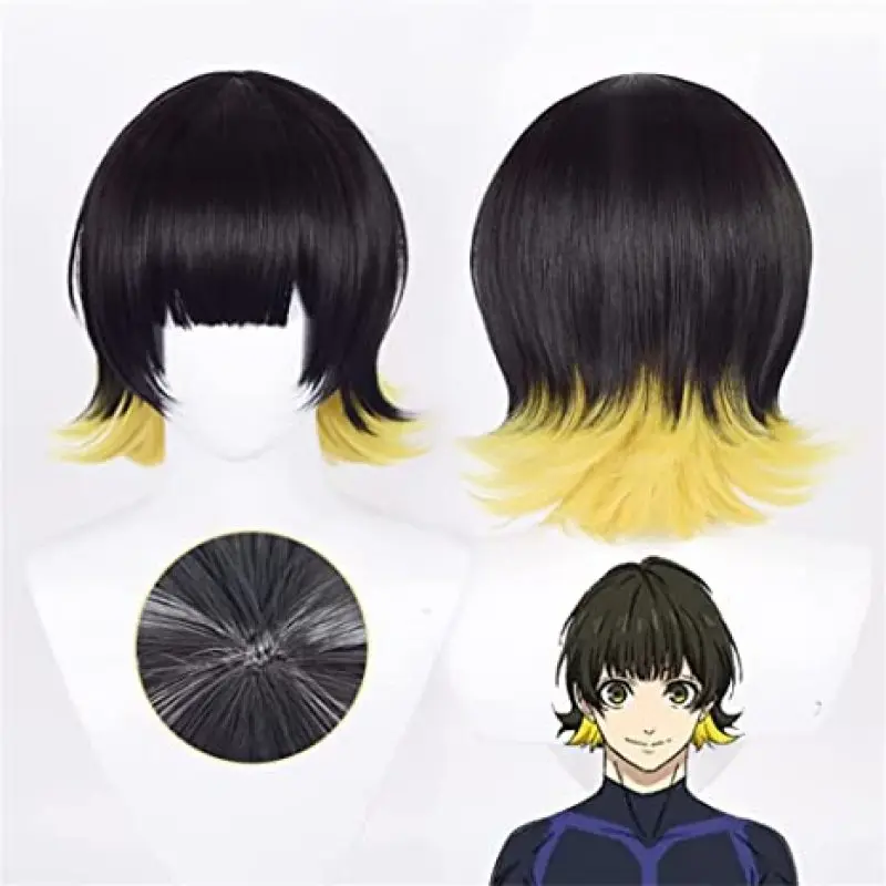 

Bachira Meguru Wig Bob Anime Blue Lock Short Black Yellow Hair Party Wigs for Men Boys No.8 Football Player