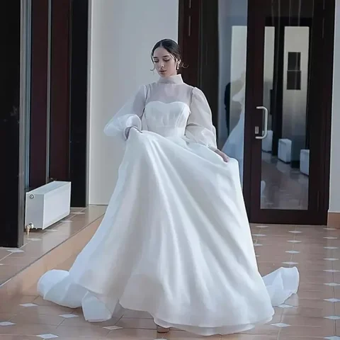 Свадебные платья с высоким воротом и длинными рукавами по индивидуальному заказу, халаты со шлейфом De Mariage, трапециевидные свадебные платья больших размеров