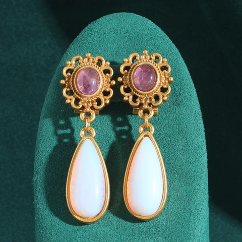 Винтажные серьги-капли с розовой глазурью и лунным камнем для женщин, роскошные ювелирные изделия с каплями белой воды золотого цвета, подвески, модная рождественская вечеринка