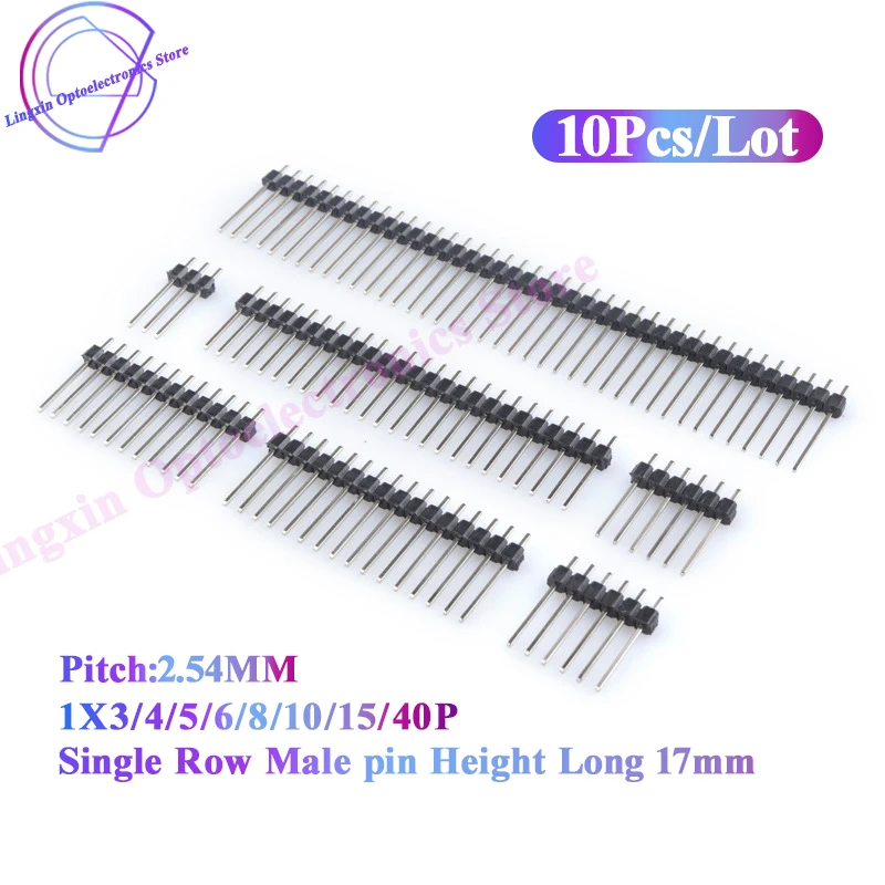 

10PCS single row male 1X3/4/5/6/8/10/15/40P 2.54mm high long breakable pin header pin length 17 mm PCB board connector