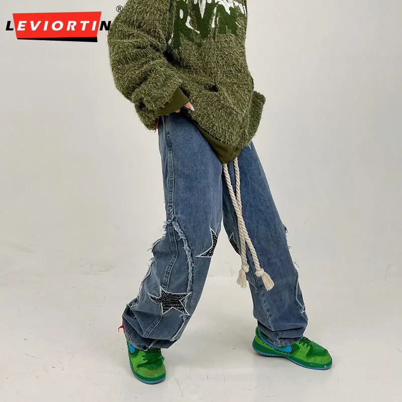 

High Street Patch Star Tassel Jeans Pants Men Vintage American Vibe Styles Straight Tube Loose Casual Oversized Denim Trousers