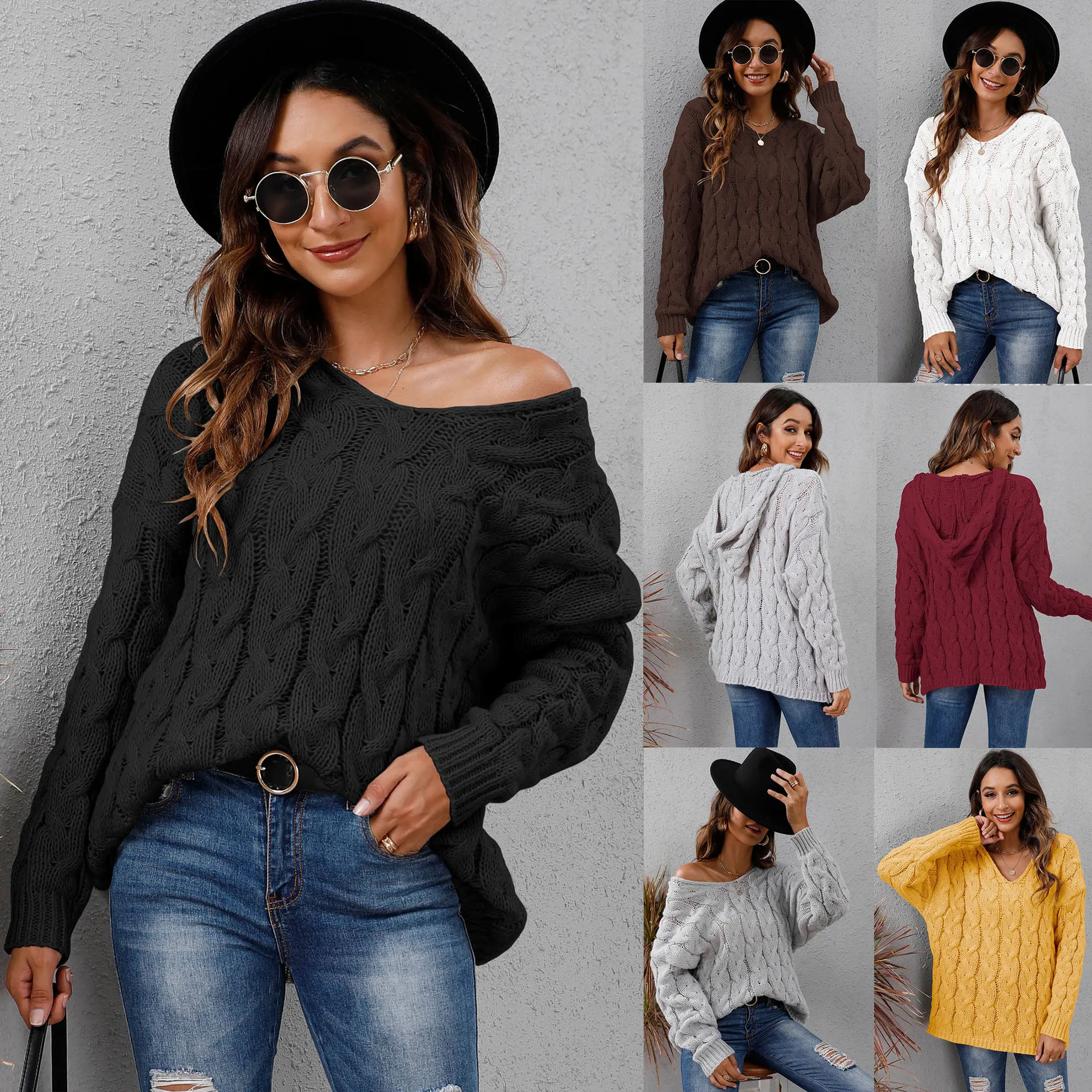 

Women's Top Thickened Fried Dough Twist Knitting V-neck Hooded Loose Pullover Sweater Knitwear Sweater Tops Dropshipping