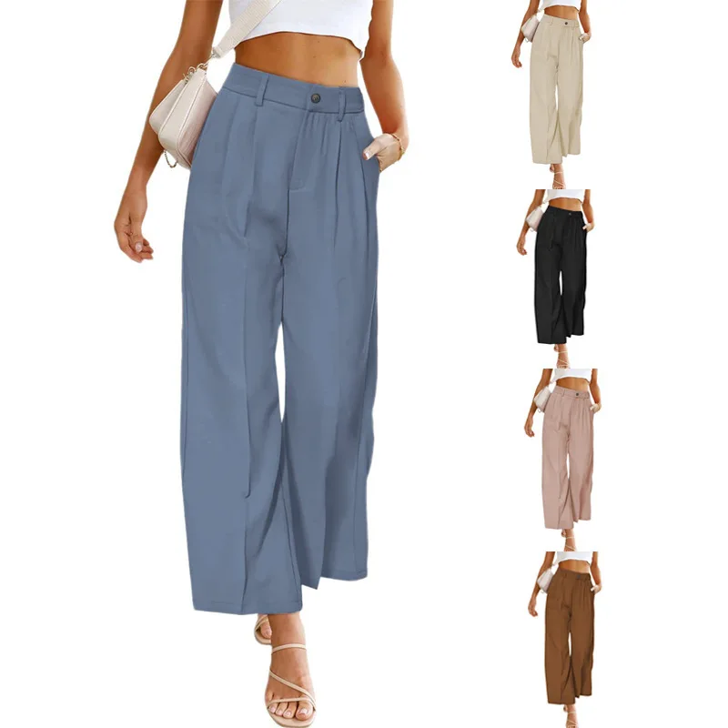 Women New Fashion High Waist Office Wear Loose Suit Trousers Wide Leg Formal Pants Casual Pockets Straight Button